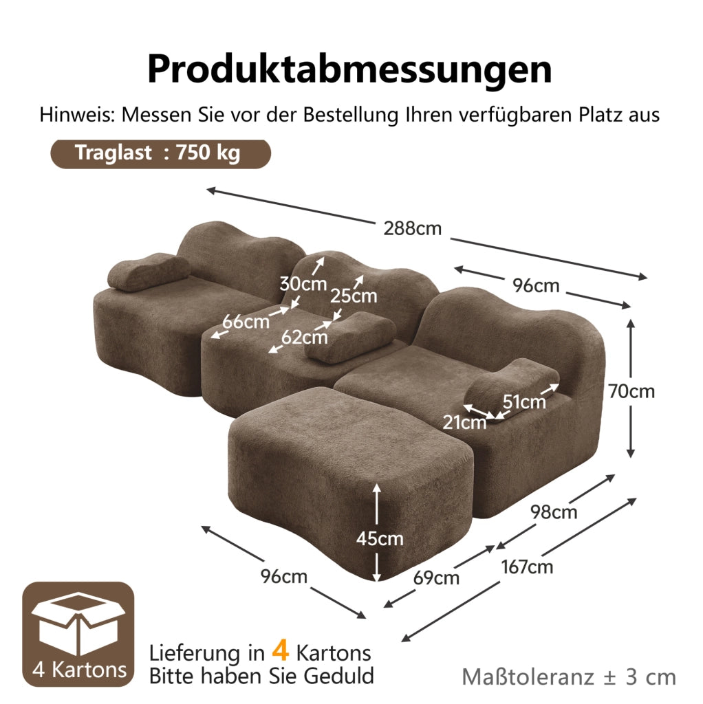 Divano angolare modulare 288x167x70 cm in velluto marrone con pouf e seduta profonda