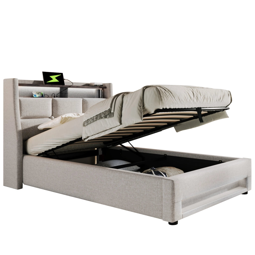 Letto con Cassetti Letto Matrimoniale; 4 Cassetti; USB e Tipo C; 160×200 cm; senza Materasso; in Lino Beige
