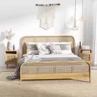 Set 2 Comodini in Stile Boho con Armadietto e Ripiano Aperto, in Truciolato, Rattan e MDF, 39x35x60 cm