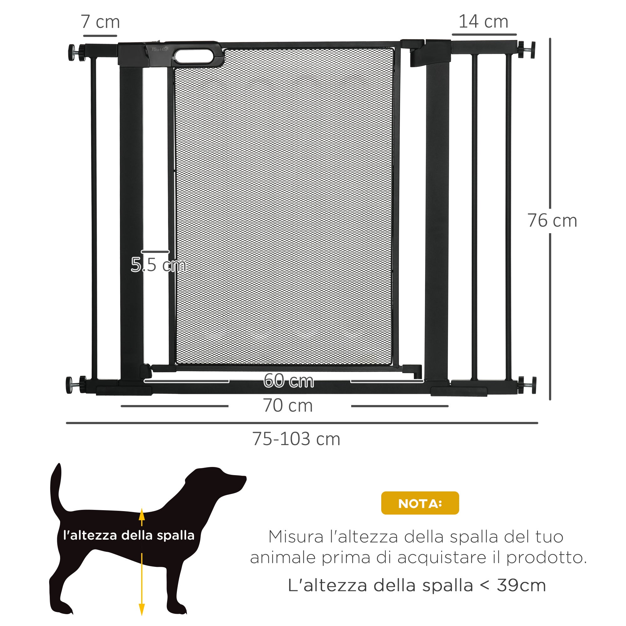 Cancellino per Cani Estensibile a Pressione con Chiusura Automatica 75-103x76 cm in Acciaio e ABS Nero