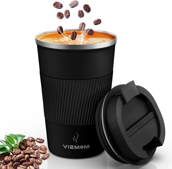 Bicchierino da viaggio in acciaio inossidabile antiscivolo con doppia parete e isolamento a vuoto, 380 ml, con coperchio, nero