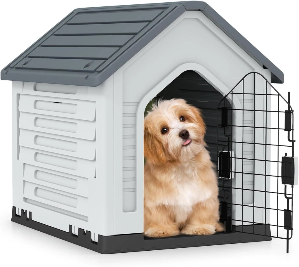 Cuccia per Cani da Esterno ed Interno, Cassetta per Cani Impermeabile con Porta in Metallo Bloccabile e Prese d'aria e Tetto Spiovente, Cucce per Cuccioli per Casa, 66,5 x 52 x 60 cm (Grigio)