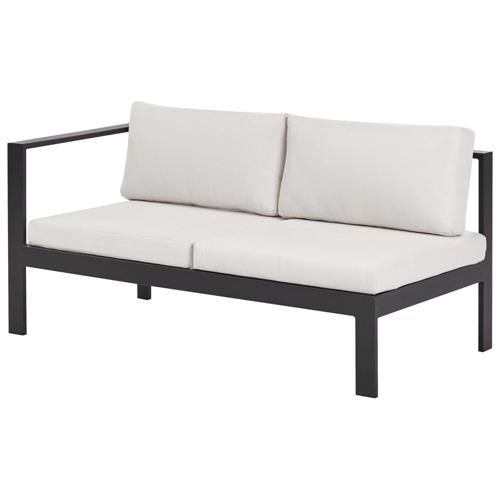 Set da giardino divano 5 posti e tavolo elevabile con struttura bianca e piano in vetro e cuscini nero e bianco sporco stile moderno scandinavo