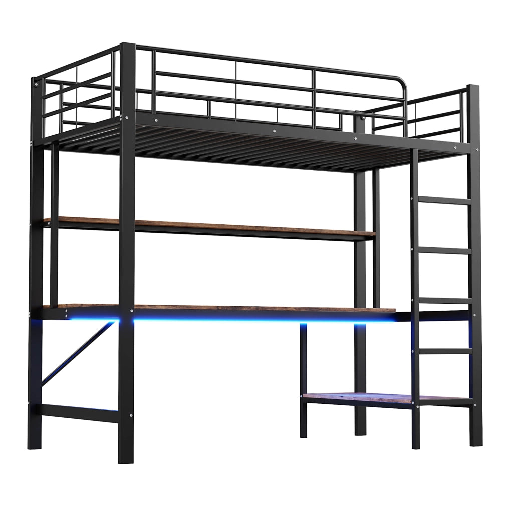 Letto a soppalco 90x200 cm con scrivania; mensole; USB e presa; metallo e MDF nero