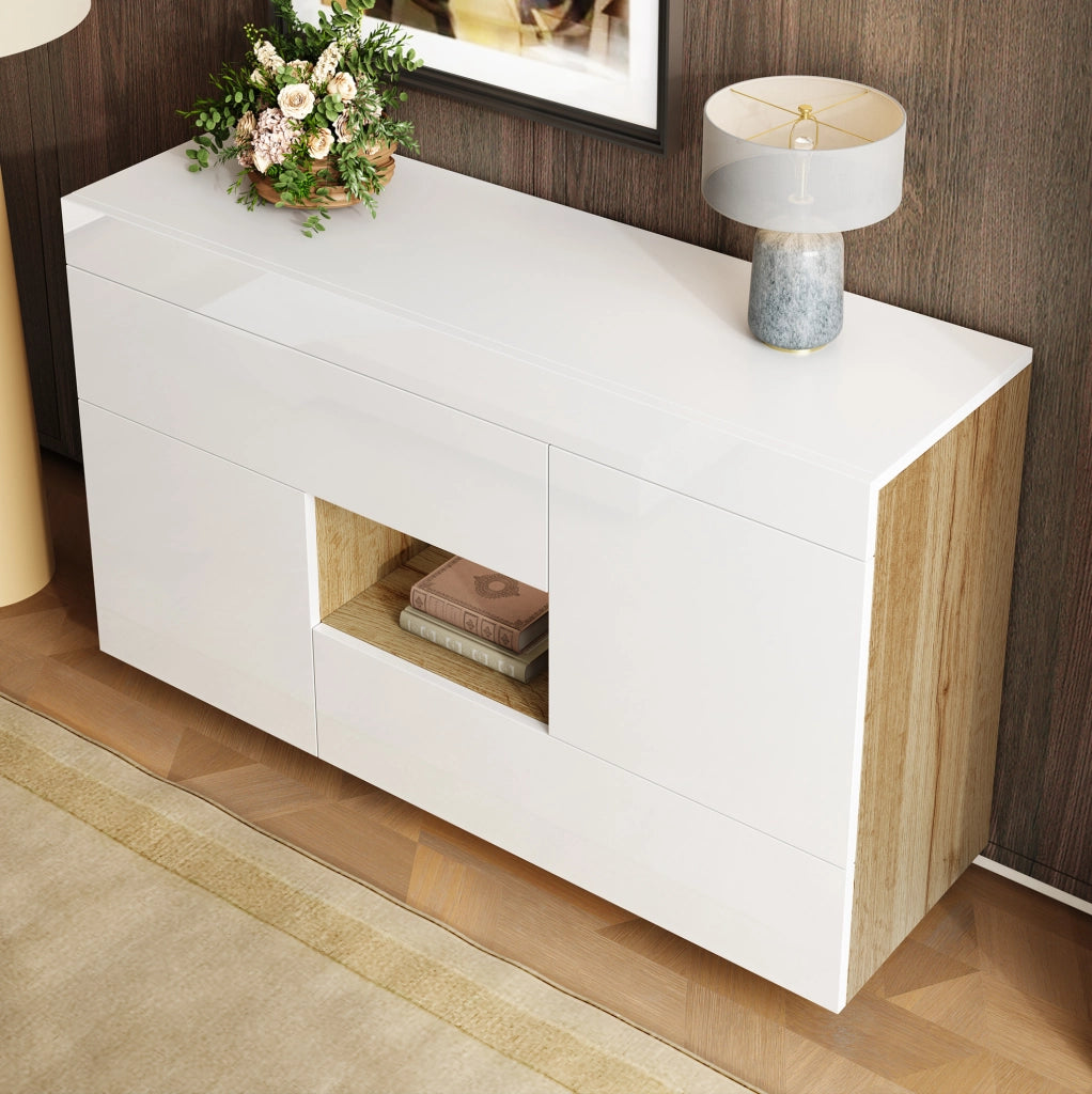 Credenza bianca con LED RGB, 2 ante e 2 cassetti, 120 cm