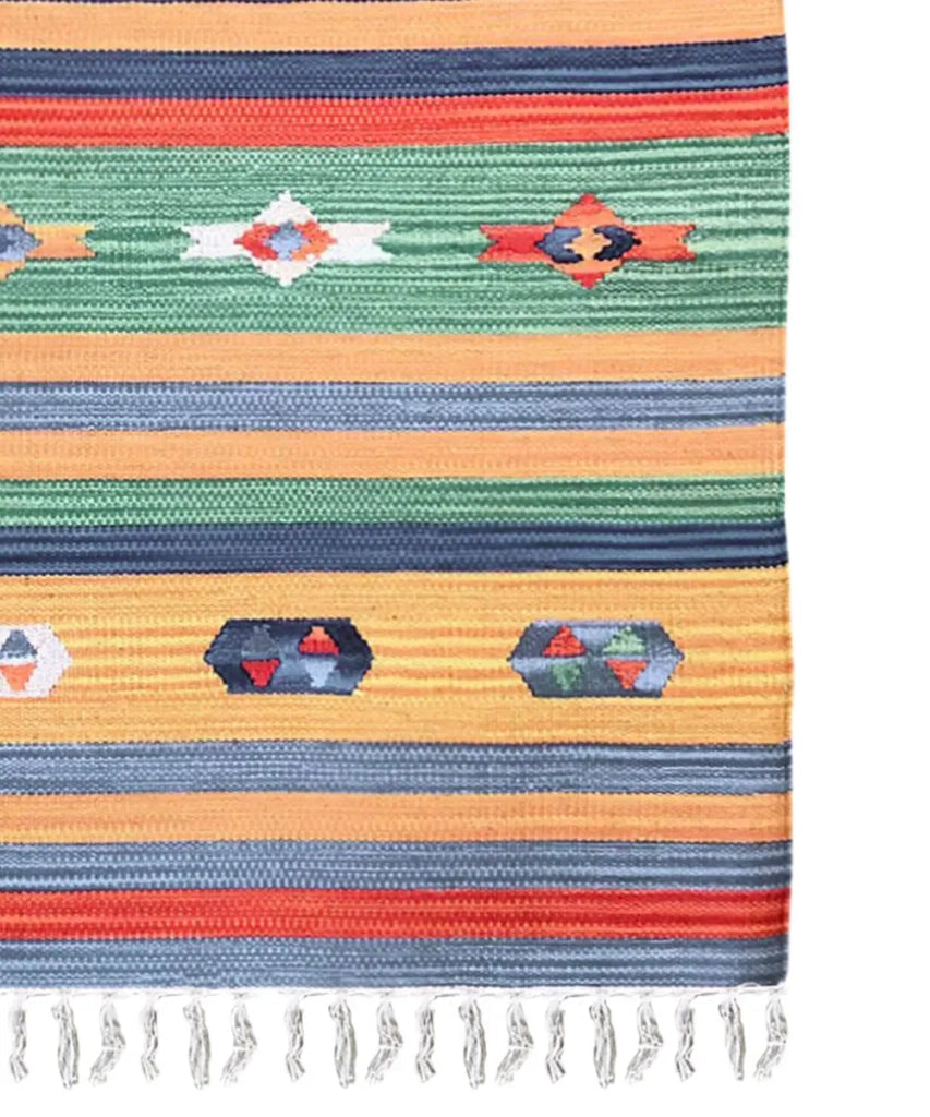 Tappeto KELIM 05 disegni etnici orientali colori vivaci cm.140x200 tessuto e frangia 100% cotone, lavabile in lavatrice