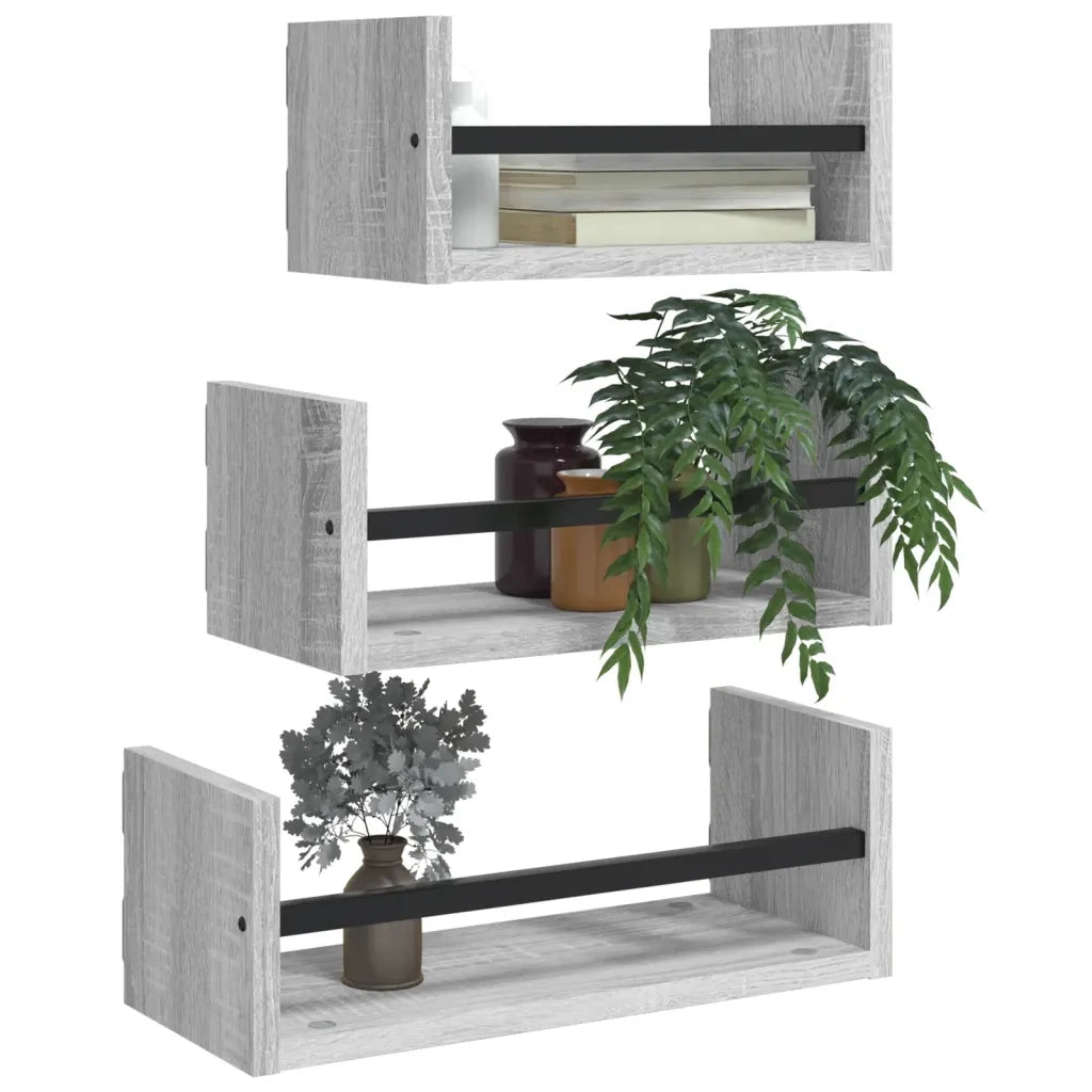 3 pz Set Mensole Parete | Mensola sospesa con Aste Grigio Sonoma Legno Multistrato