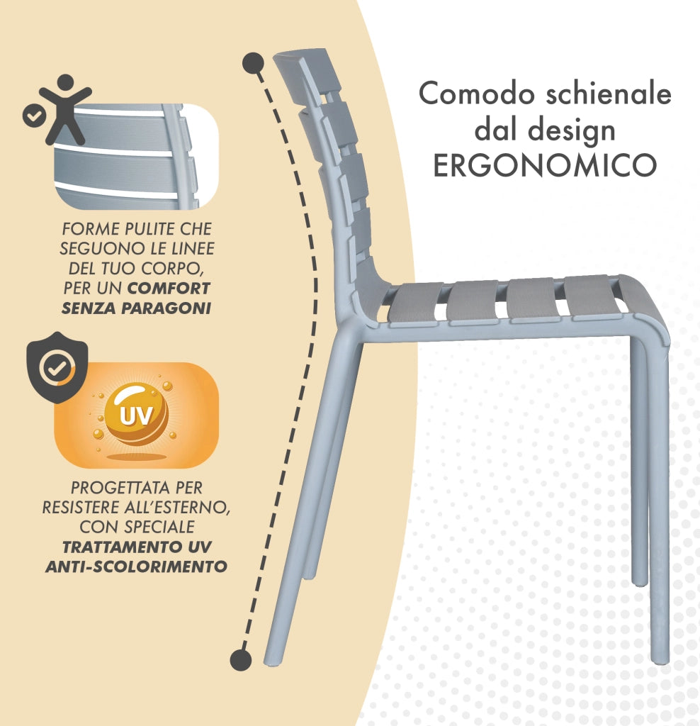Set 4 Sedie In Polipropilene e Fibra Di Vetro Sedia Cucina Trattamento Uv Antiscolorimento Giardino Interno Esterno Moderne Robuste Resistenti Seduta Terrazzo Soggiorno Bar Ristorante Impilabili Nina-Grigio