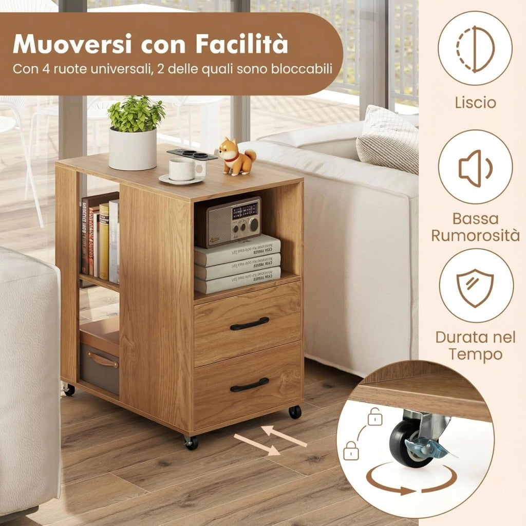 Tavolino Basso Laterale, Tavolino da Divano con Stazione di Ricarica, 2 Cassetti e Ripiani, Tavolo Versaliti per Camera da Letto, Soggiorno e Ufficio, 60 x 40 x 65,5 cm (Naturale)