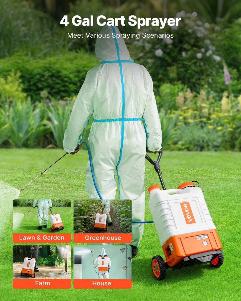 Irroratore a Spalla e Carrello 15L 12V Pressione Regolabile 0-94 PSI con Ruote 6 Ugelli e 2 Lance per Giardino e Diserbo