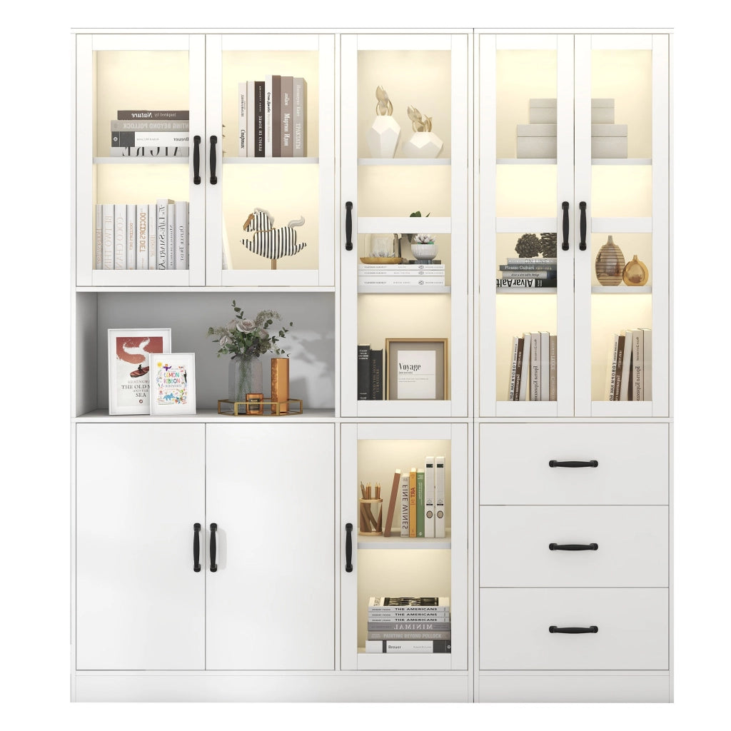Vetrina combinata bianca con LED USB, 8 ante e 3 cassetti, 180x40x200 cm
