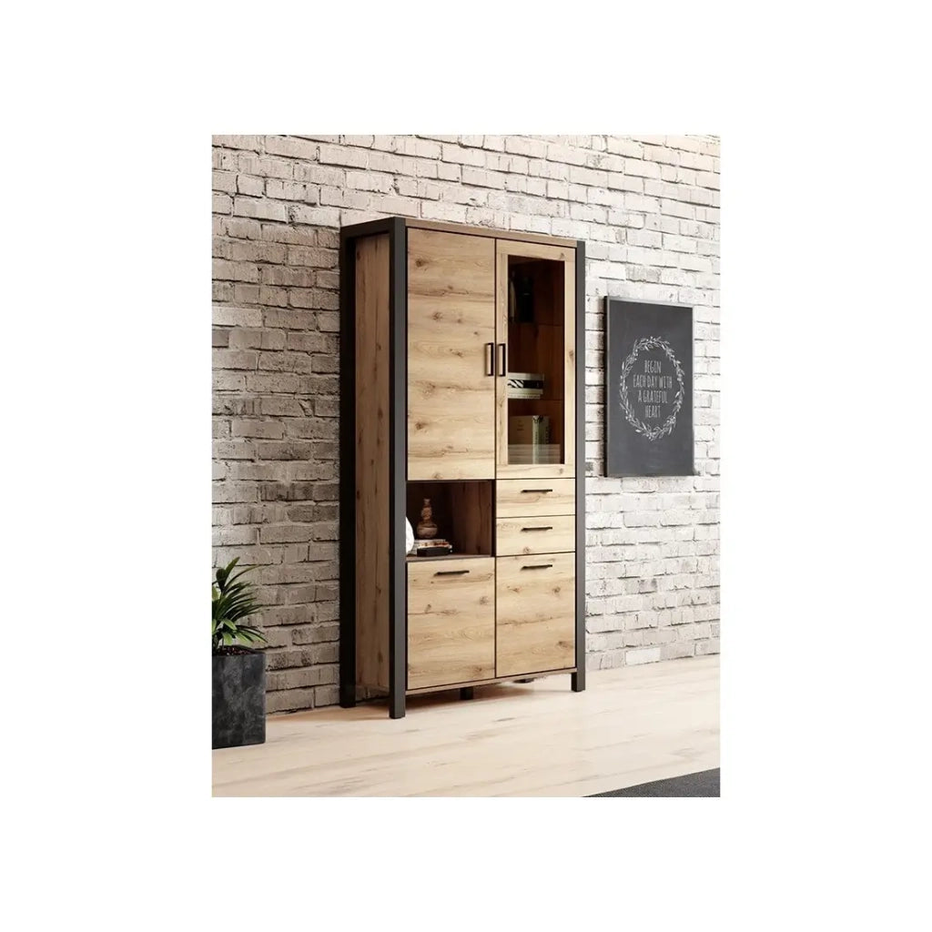 Vetrina alta XL collezione TIVORA. Colore quercia e nero. LED inclusi.