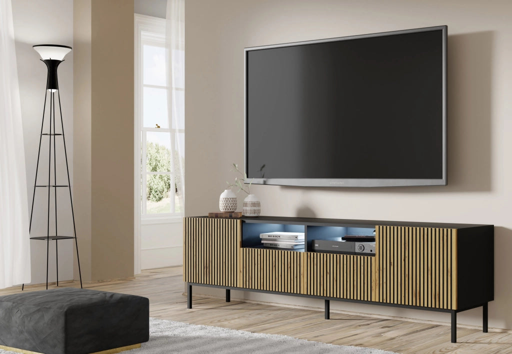 MOBILE RAVENNA F PORTA TV IN MDF VERNICIATO 2D2S 200 NERO OPACO ROVERE ARTIGIANALE STRUTTURA NERA