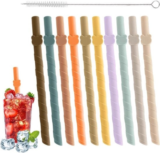 10 Set di Spigoli in Silicone con Setaccio per Pulizia - 17,5cm, per Bambini - Colorati, Senza BPA - Riciclabili per Succo, Latte, Tè, Caffè, Smoothie, Cocktail