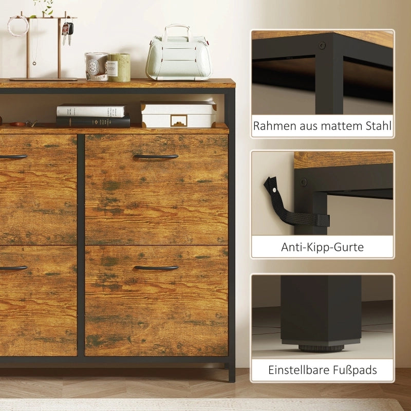 Scarpiera con 4 ante ribaltabili e ripiano aperto, stile industriale, per ingresso, in legno, 98 × 24 × 95 cm