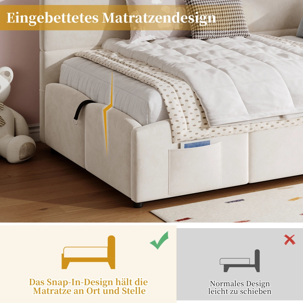 Letto a divano con vano contenitore in velluto beige 90x200 cm