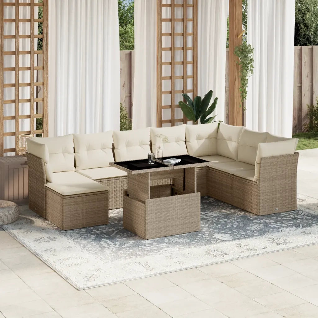 Set Divano da Giardino 9 pz con Cuscini Beige in Polyrattan