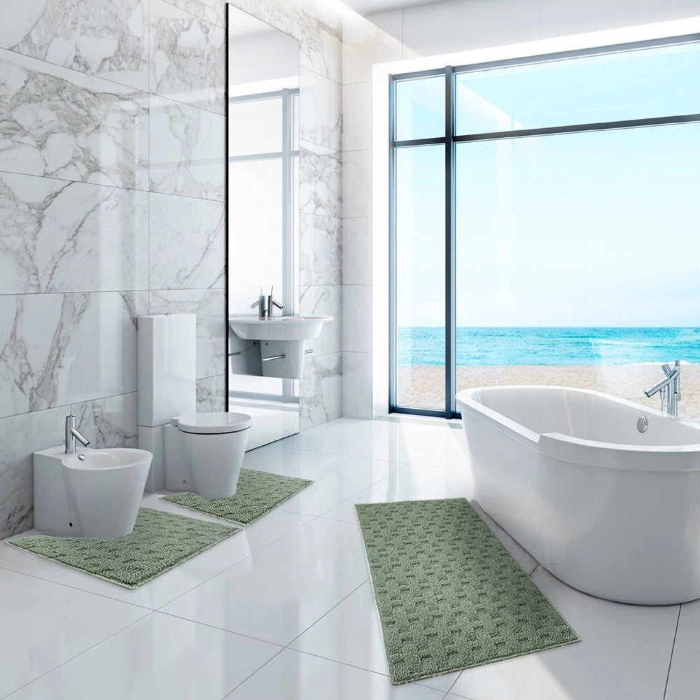 Tappeto Bagno Morbido Assorbente Antiscivolo 3D Intrecciato Lavabile Set 3 Pezzi Verde