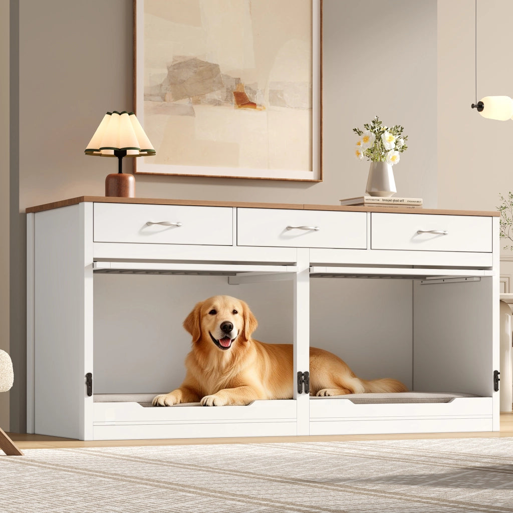 GABBIA PER CANI 164x60x81 cm MDF e metallo Bianco e naturale per 2 cani