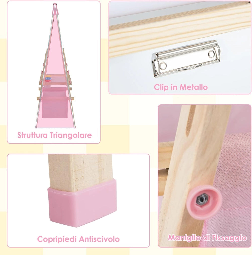 Cavalletto per Bambini Regolabile in Altezza in Legno, Cavalletto a Doppio Lato con Lavagna Magnetica e Bianca, con Scatola, Magneti con Lettere e Numeri, per Bambini 3-8 Anni (Rosa)