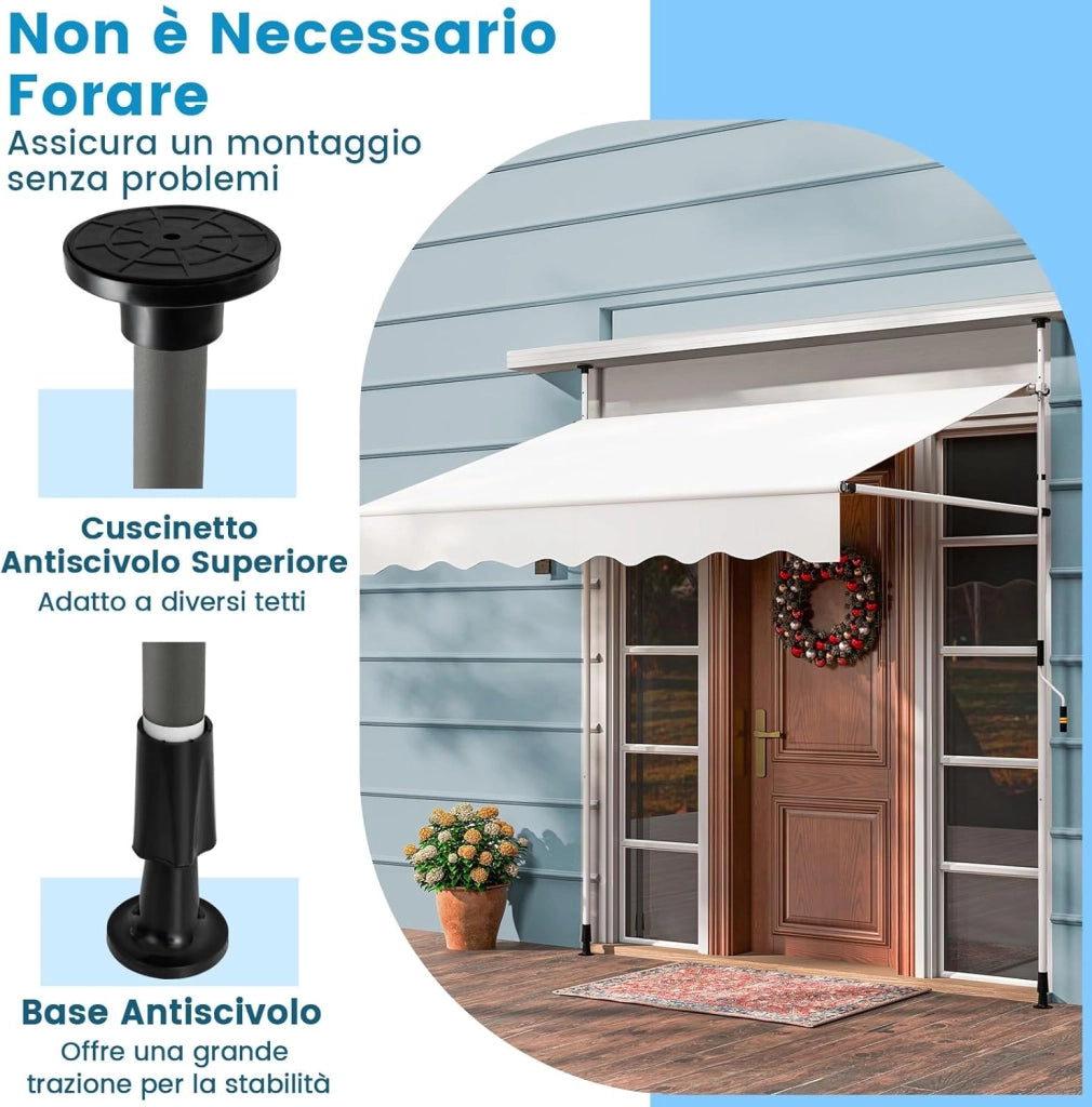 Tenda da Sole a Morsetto, Tenda per Balcone Senza Foratura Altezza e Inclinazione Regolabili con Manovella, Telo Impermeabile e Resistente ai Raggi Solari e Telaio Antiruggine (2M,Bianco)
