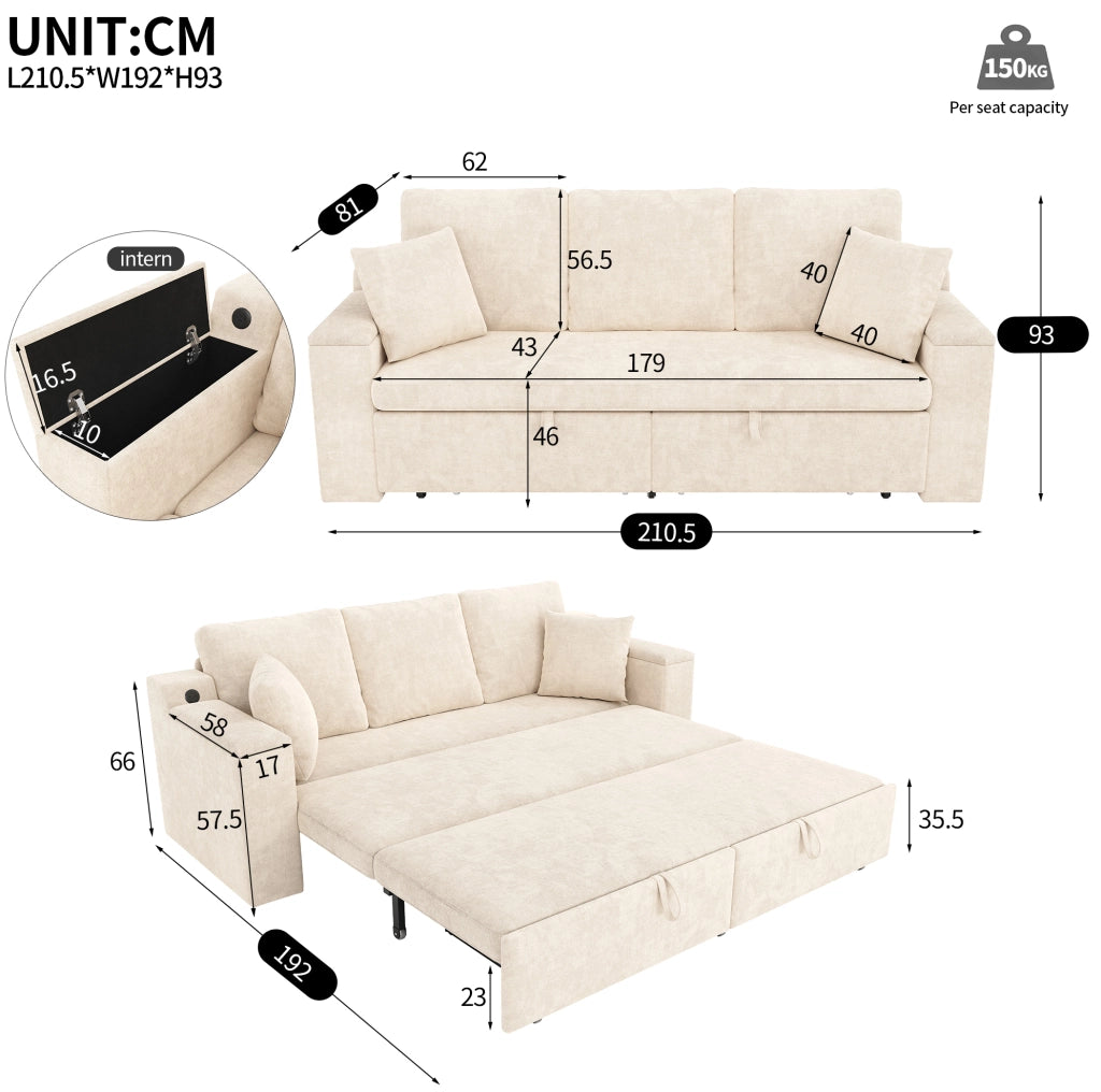 Divano 3 posti trasformabile con letto estraibile 210;5x192 cm; chenille beige