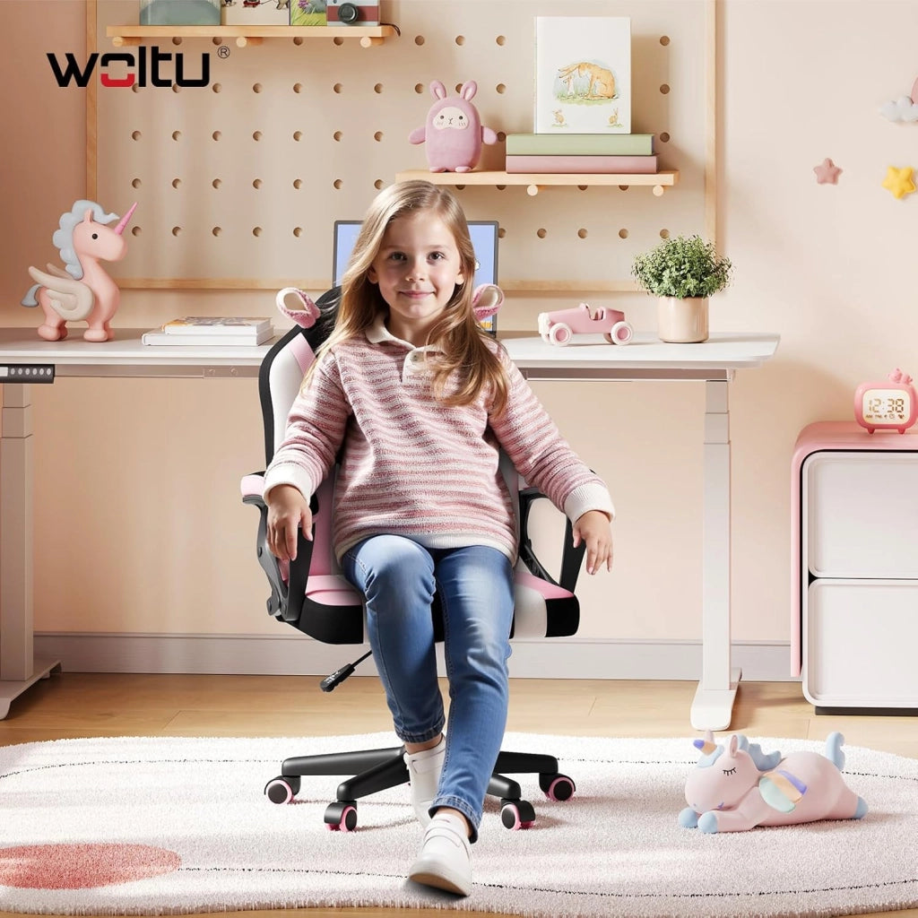 Sedia da gioco per bambini, sedia da scrivania ergonomica per bambini con schienale e braccioli, con ruote alternative ponderate, superficie in tessuto a rete, motivo Unicorno
