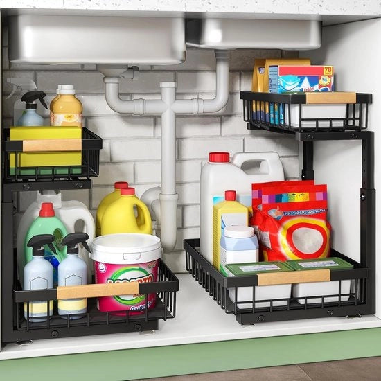 Organizzatore per la zona sotto il lavandino 2-pack - 2 strati in metallo - Cassetto per la cucina - Disegno a scomparsa - Maniglie in legno - Organizzatore per la cucina