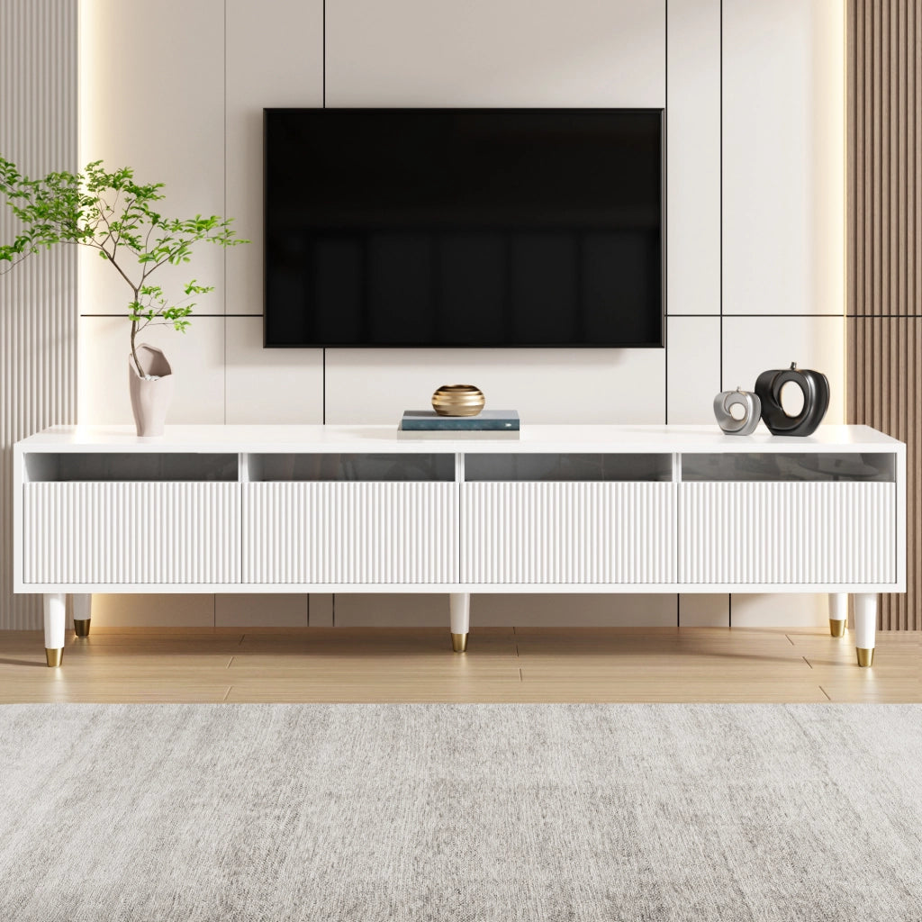 OKWISH Mobile TV con 4 Cassetti e Passacavi, Design Minimalista per Soggiorno, in MDF, Bianco, 178 x 35 x 45 cm