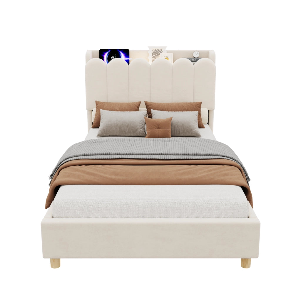 DESMIU Letto singolo 90 × 200 cm con lampada da lettura, USB e Type-C, senza materasso, in velluto beige