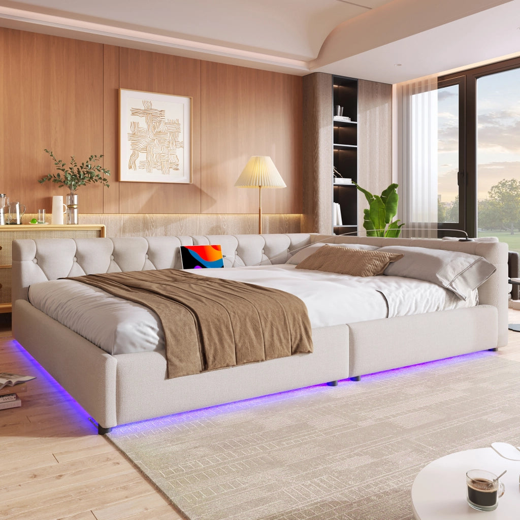 Divano letto 140x200 cm in lino beige con rete a doghe, LED RGB, USB e Type-C