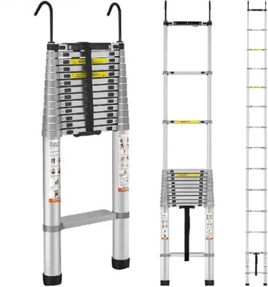 Ladder Telescopica - 4,57 m (15 ft) - Ladder in Alluminio Opiegaibile - Ritiro Automatico con Unico Pulsante - Capacità di Sostegno 190 kg - Suole Antiscivolo - Compatta e Portatile - Altezza Regolabile - Ideale per Professionisti e Utilizzo Domestico