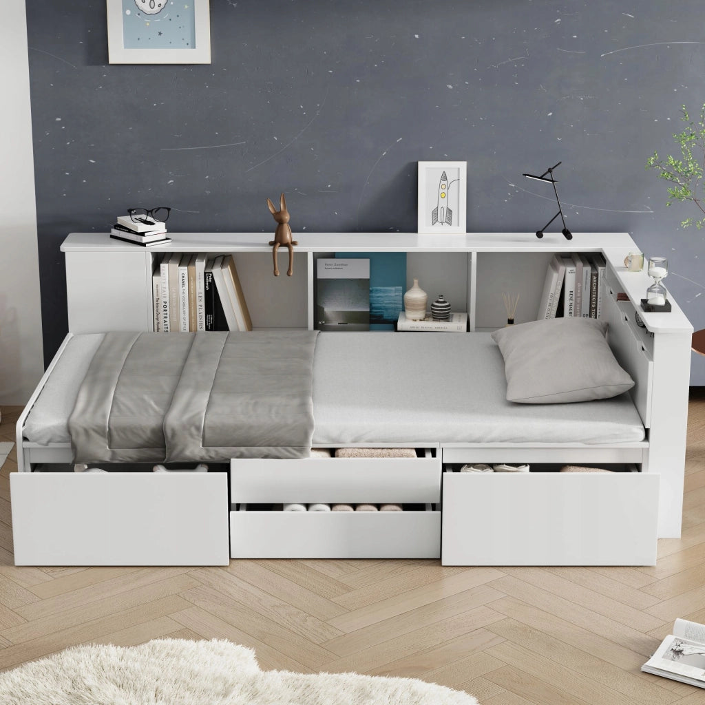 Letto a castello per bambini 90x200cm - Xylo - Bianco, con cassetti e scaffale