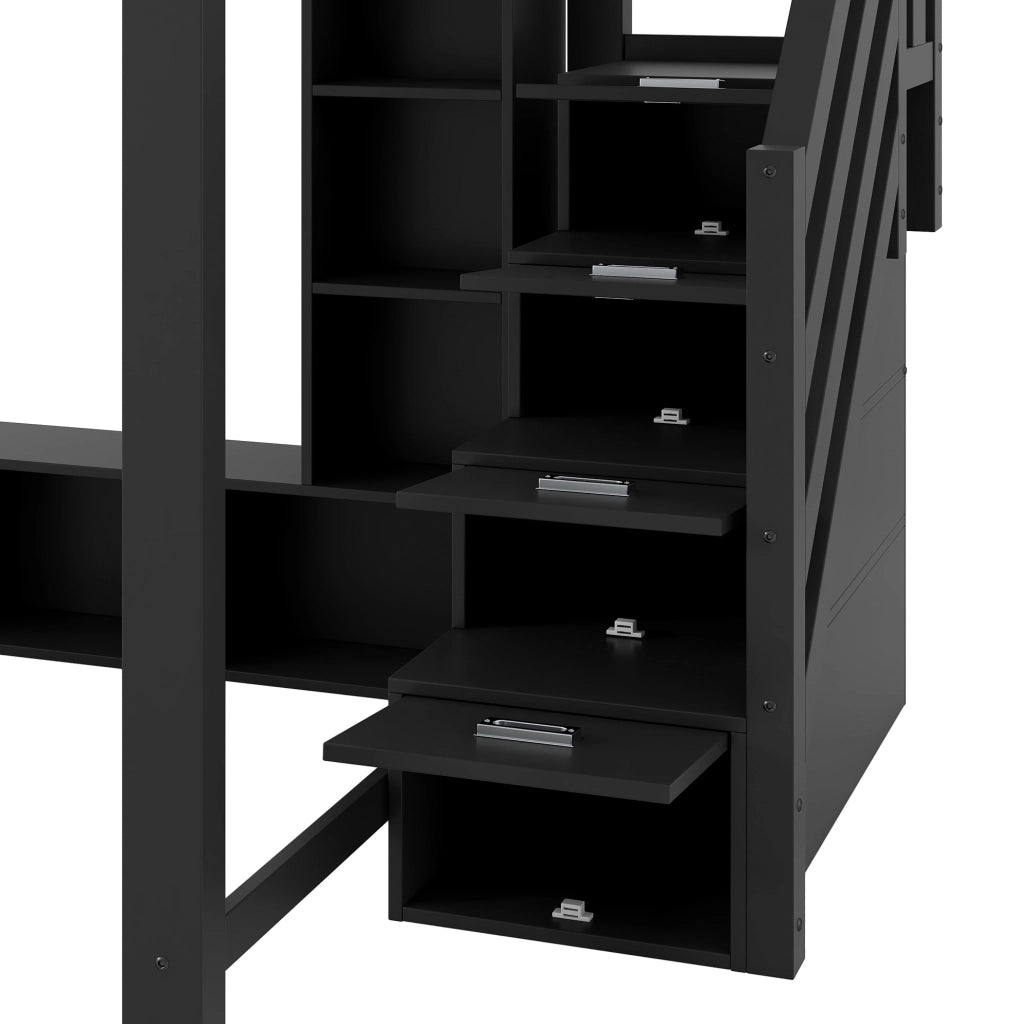Letto a soppalco 140x200 cm nero con scrivania, LED e scala