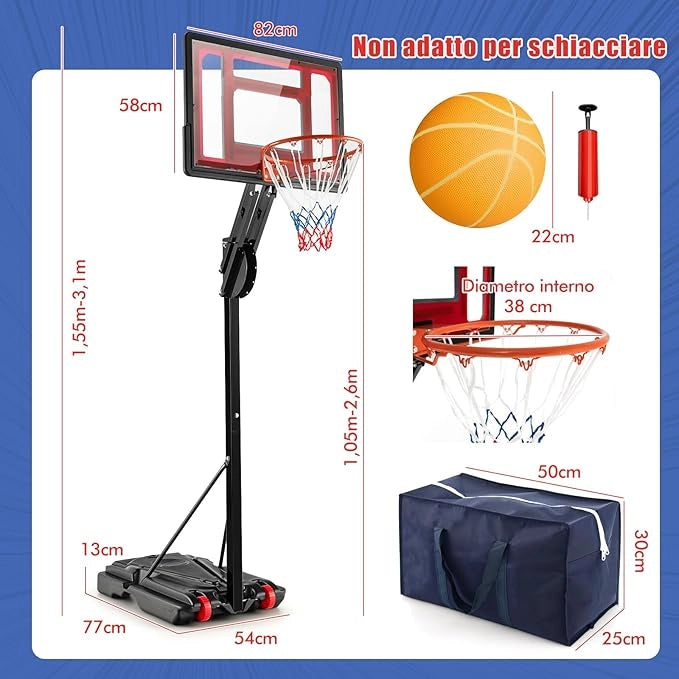 Canestro da Basket Regolabile a 10 Livelli, Canestro da Basket da Esterno Portatile con Tabellone da 82cm, 2 Ruote e Borsa