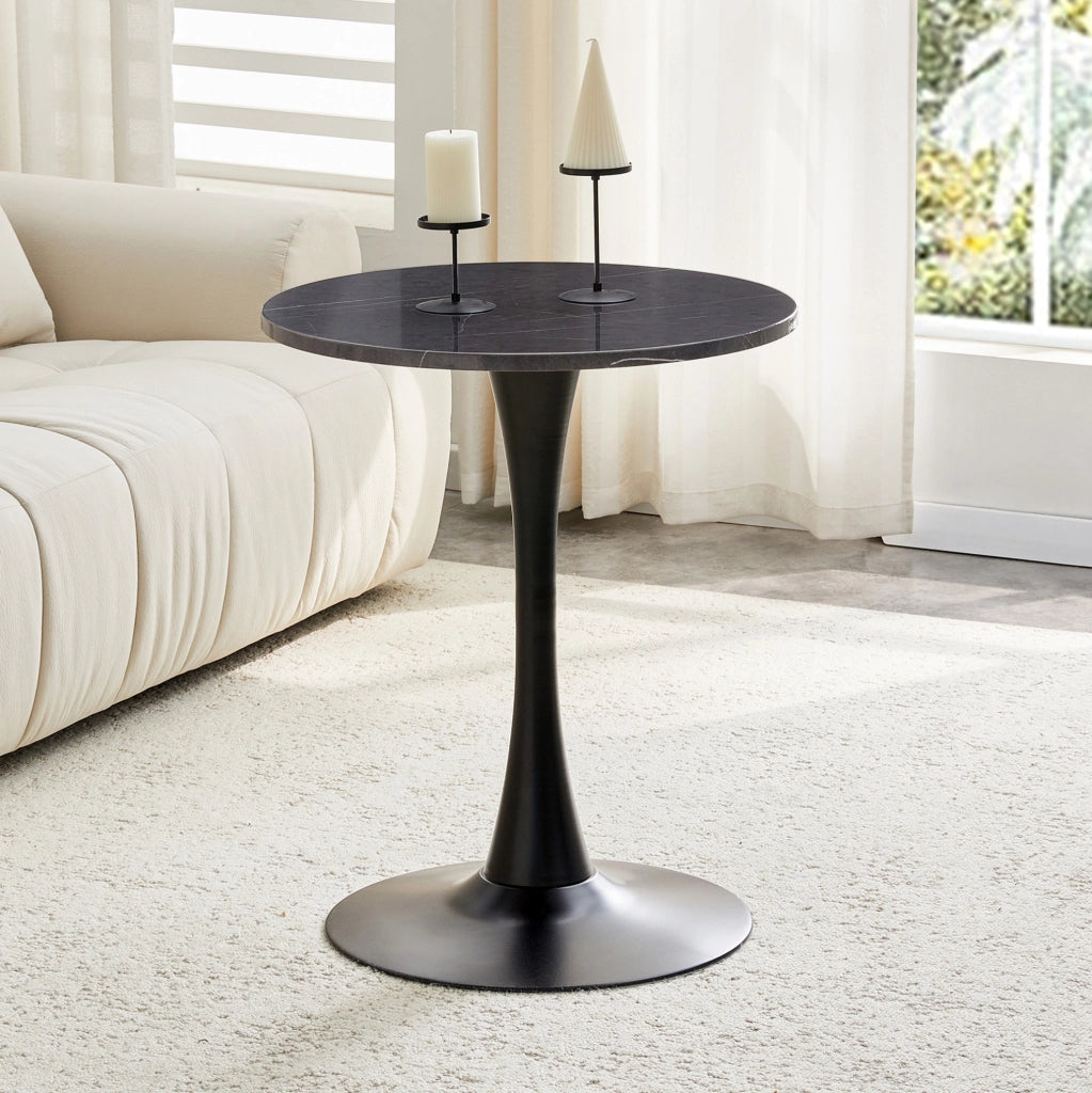 Tavolo rotondo da pranzo 72 cm in MDF e metallo; nero effetto marmo