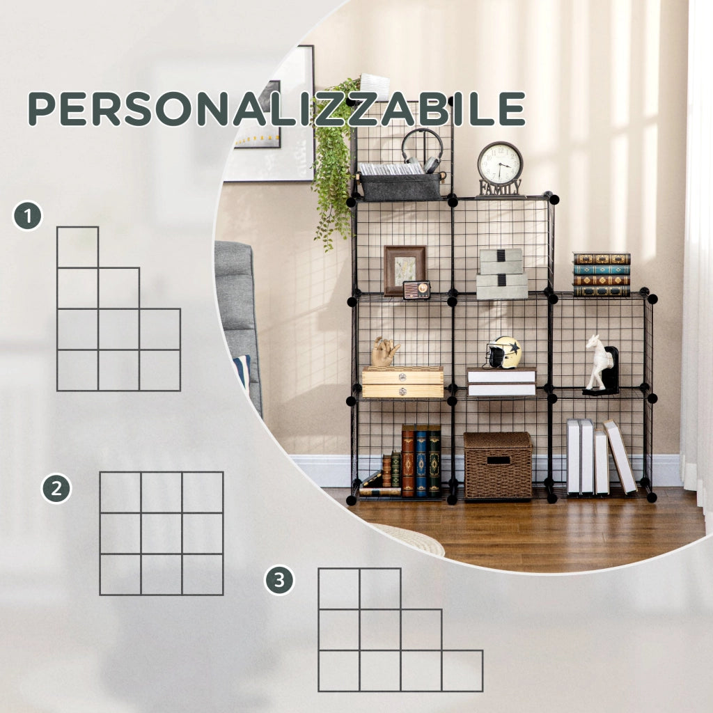 Libreria a 9 Cubi in Rete 35x35x35 cm con Pannelli in Acciaio e Polipropilene Nero