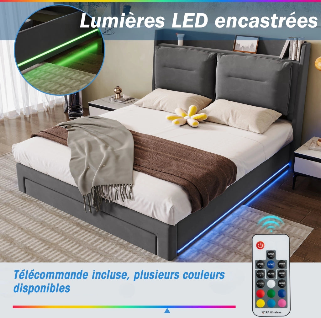 Letto matrimoniale 140x190 cm in velluto grigio scuro con contenitore; LED e testiera imbottita
