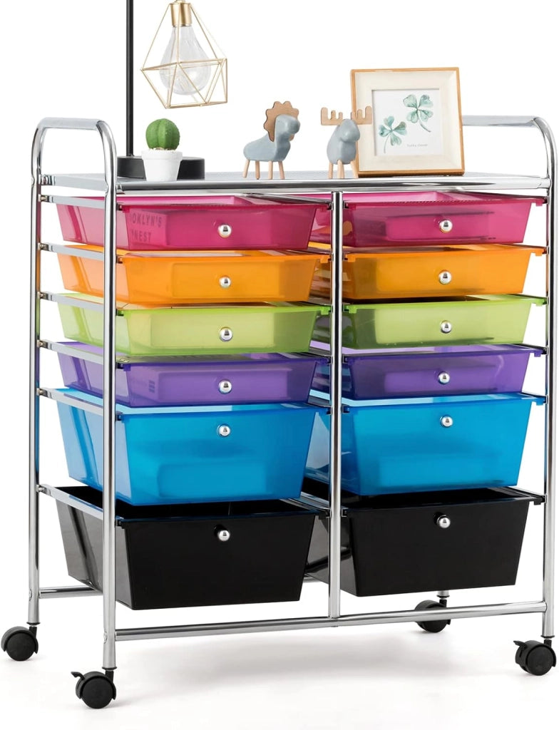 Carrello con 12 Cassetti con Ruote, Carrello di Stoccaggio Multiuso con Ampio Spazio di Archiviazione, Ideale per Casa Ufficio Domestico, 73,5 x 37 x 63 cm (Colorato trasparente)