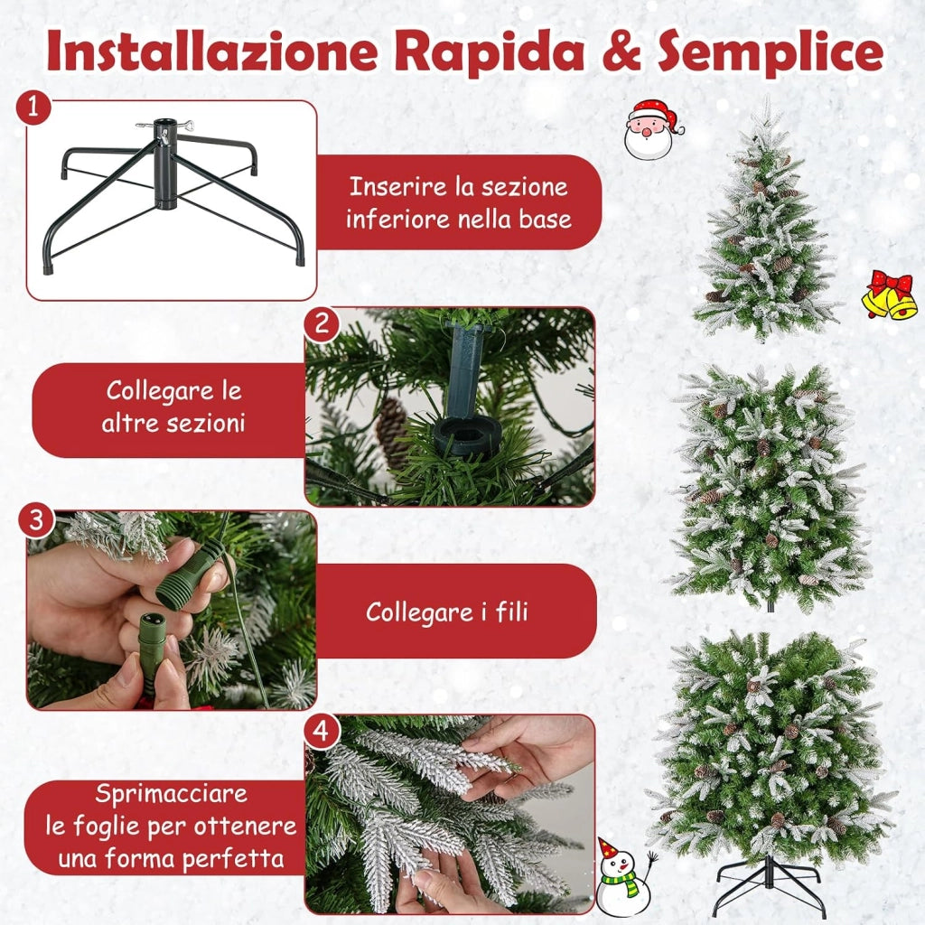 Albero di Natale Slim Pre-Luminoso 225 CM, Albero di Natale Artificiale Innevato con 350 Luci LED Bianche Calde, Rami Articolati e 913 Punte e 75 Pigne (225 CM)