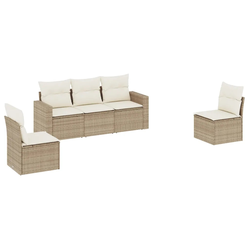 Set Divano da Giardino 5 pz con Cuscini Beige in Polyrattan