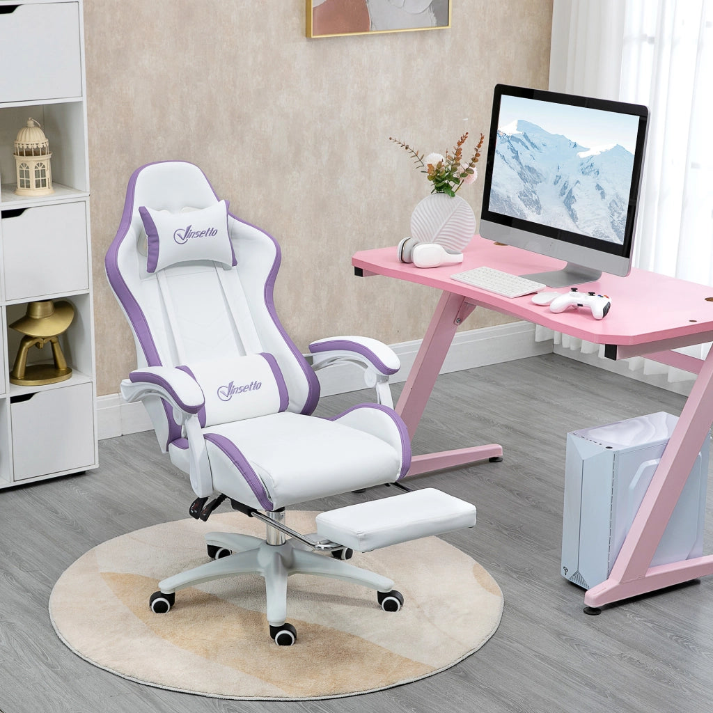Sedia da Gaming con Altezza Regolabile e Schienale Reclinabile, 65x65x121-129 cm, Bianco e Viola