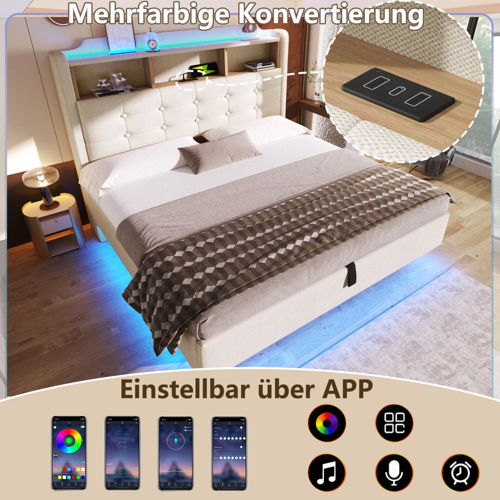 OKWISH Letto Contenitore 140×200 cm, Letto Matrimoniale con LED Regolabile, USB, Tipo C e Vano Idraulico, senza Materasso, in Lino Beige