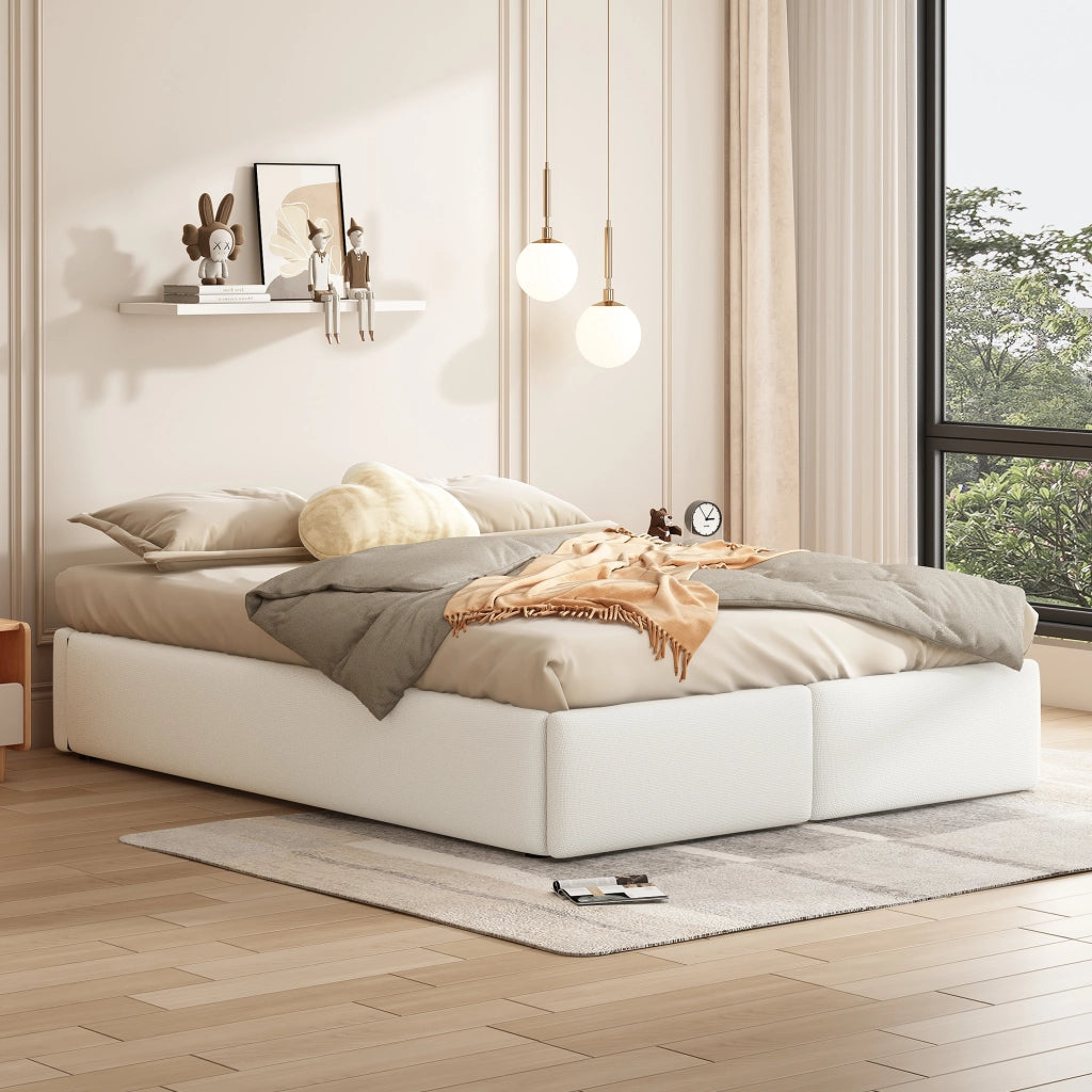 Letto imbottito 140x200 cm con contenitore idraulico e 2 cassetti; lino e MDF bianco