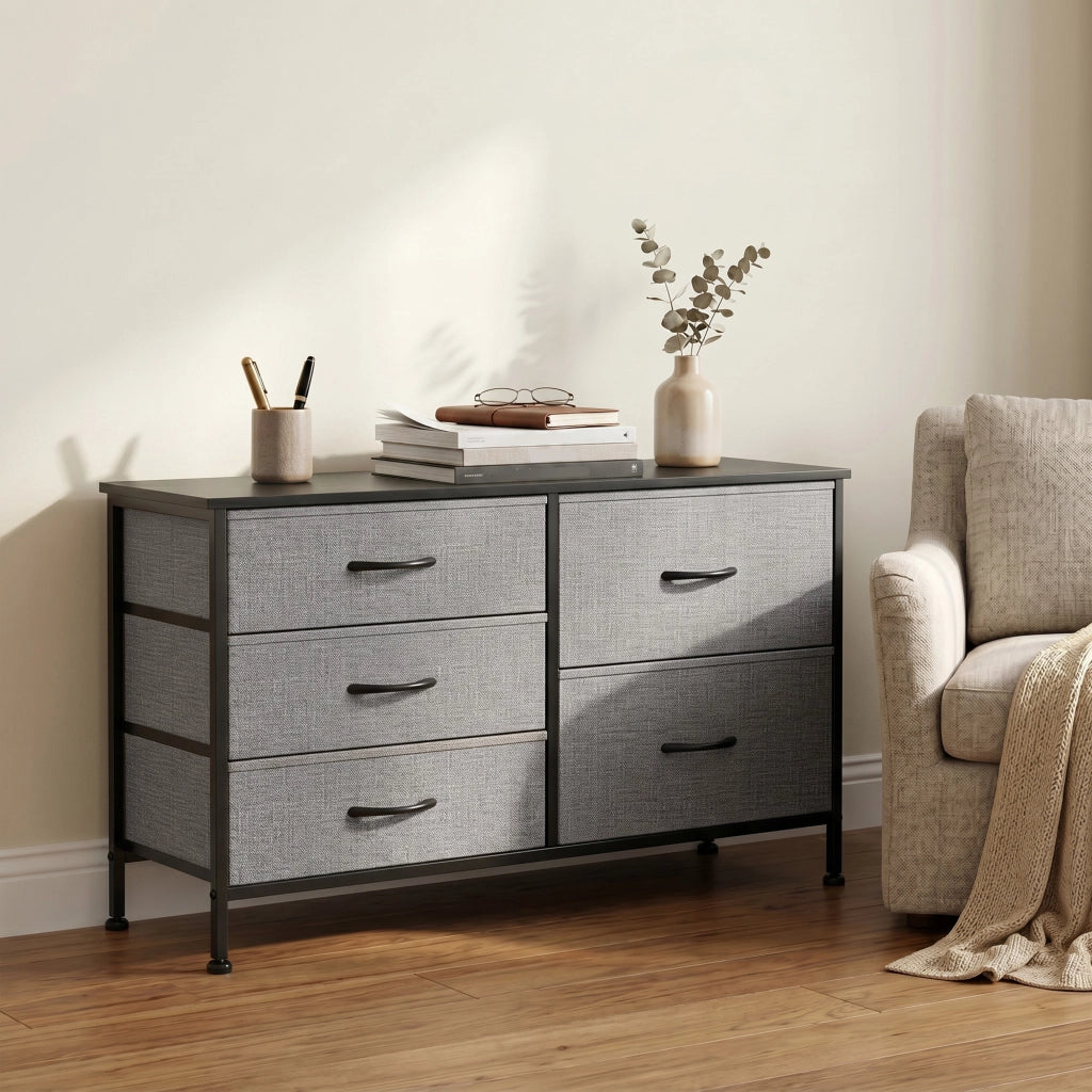 Cassettiera 5 Cassetti Tessuto Grigio Nero ¨C Zephmum ¨C Acciaio 60x40x138