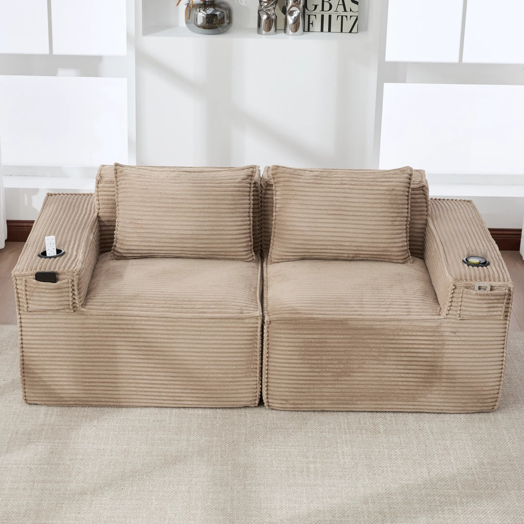 Divano modulare a 2 posti con portabicchieri e tasche laterali in velluto a coste khaki 188 × 90 × 75 cm