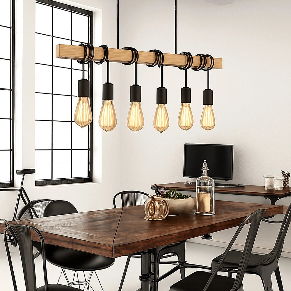 Trade Shop - Lampadario Sospensione Legno Stile Industriale 6 Portalampada E27 Lampada Cucina B47-6 -