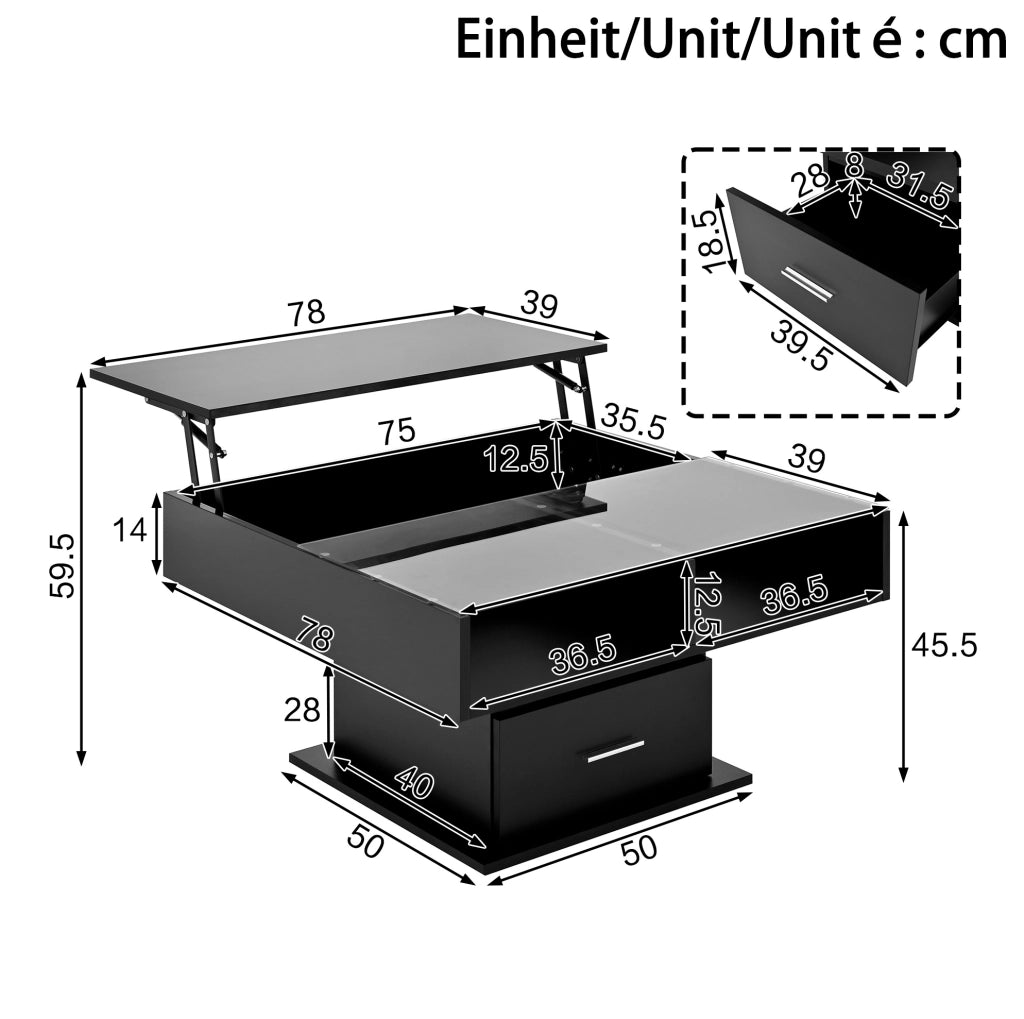 Tavolino da caffè elevabile LED nero 78x78 cm con vano