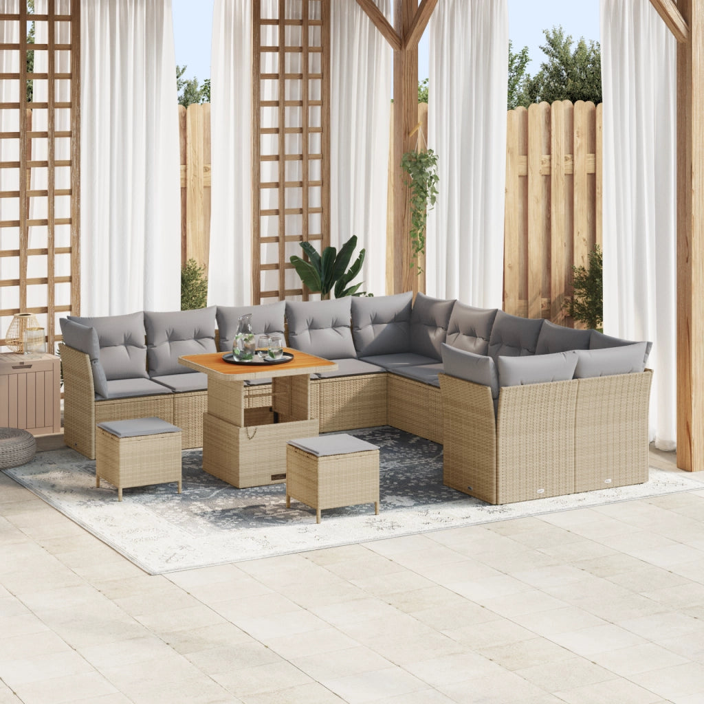 Set Divano da Giardino con Cuscini  13 Pezzi Beige Rattan Polimerico Acacia