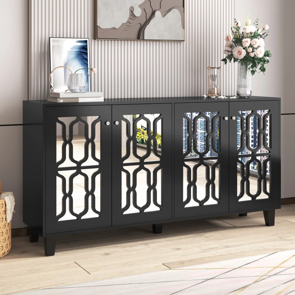 Credenza 160x40x84 cm con 4 ante e ripiani regolabili in MDF; nero a specchio